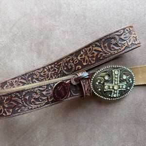 Justin Boots Tan Embossed Belt with Decorative Buckle
